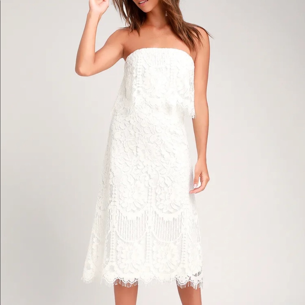 Delia White Lace Strapless Midi Dress